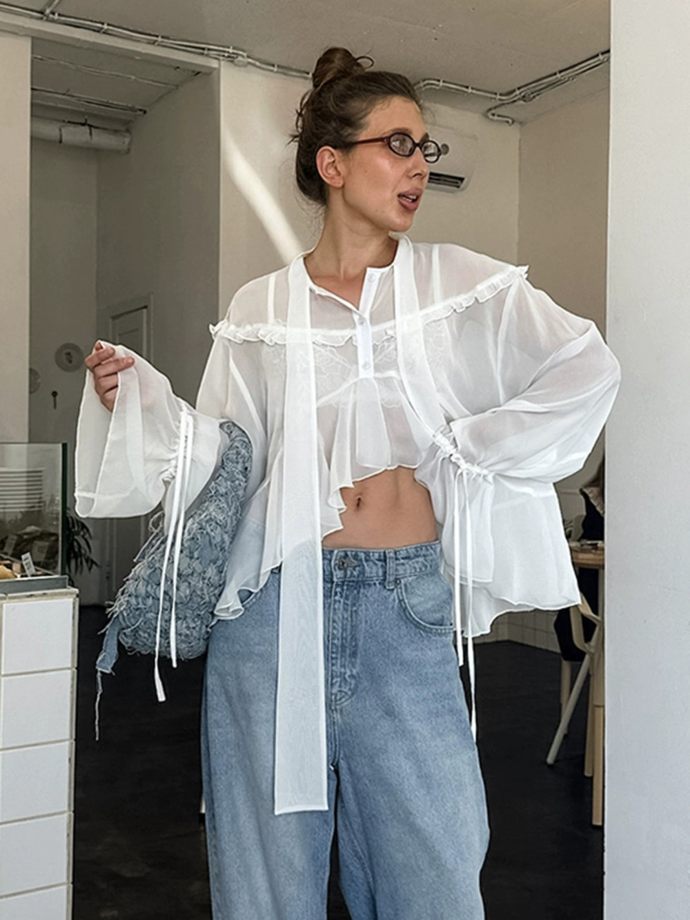 Forever 21 Ruffle Chiffon Blouse White Tie Neck Fall Casual Pullover